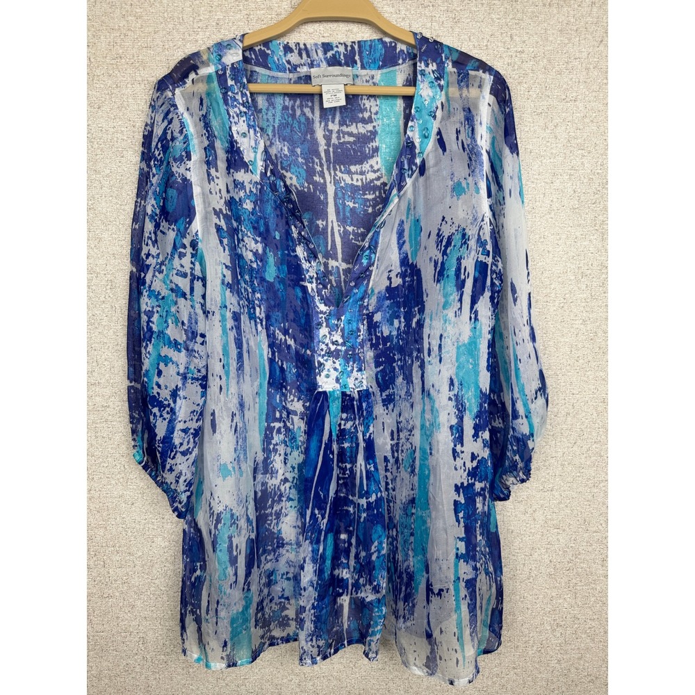 Soft Surroundings Size PM 100% Silk Seaglass Tides Tunic Top Beaded Sheer Style